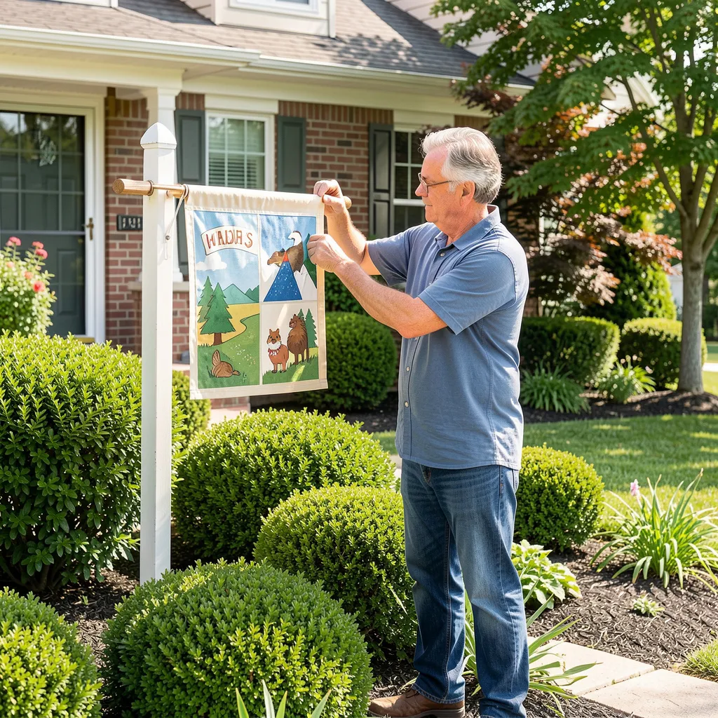 Close-up of stitched fabric on a garden flag